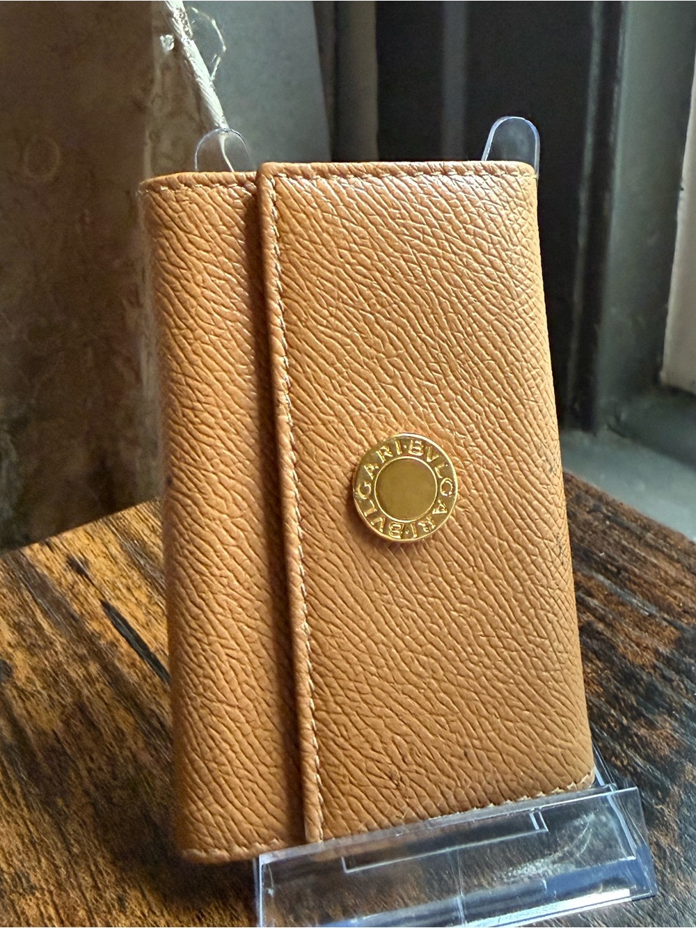 Bvlgari Tan Pebbled Leather Wallet with Gold Logo Medallion